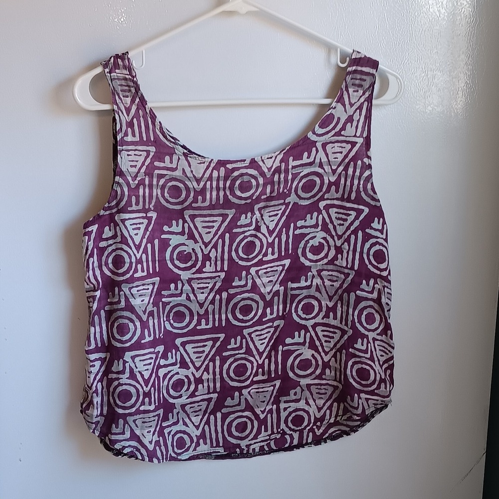 90s Boho Geometric Crop Tank Top Purple Abstract Batik Tribal Festival Women L